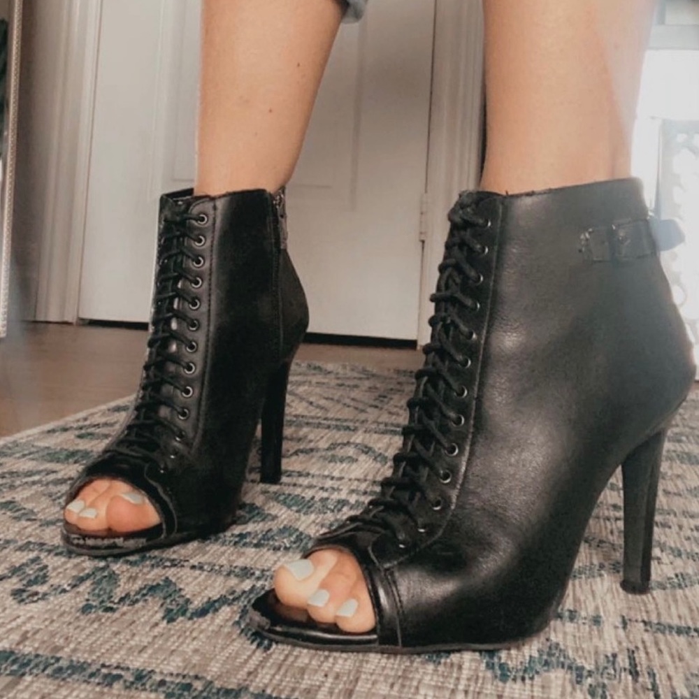 Black open toe lace up boots